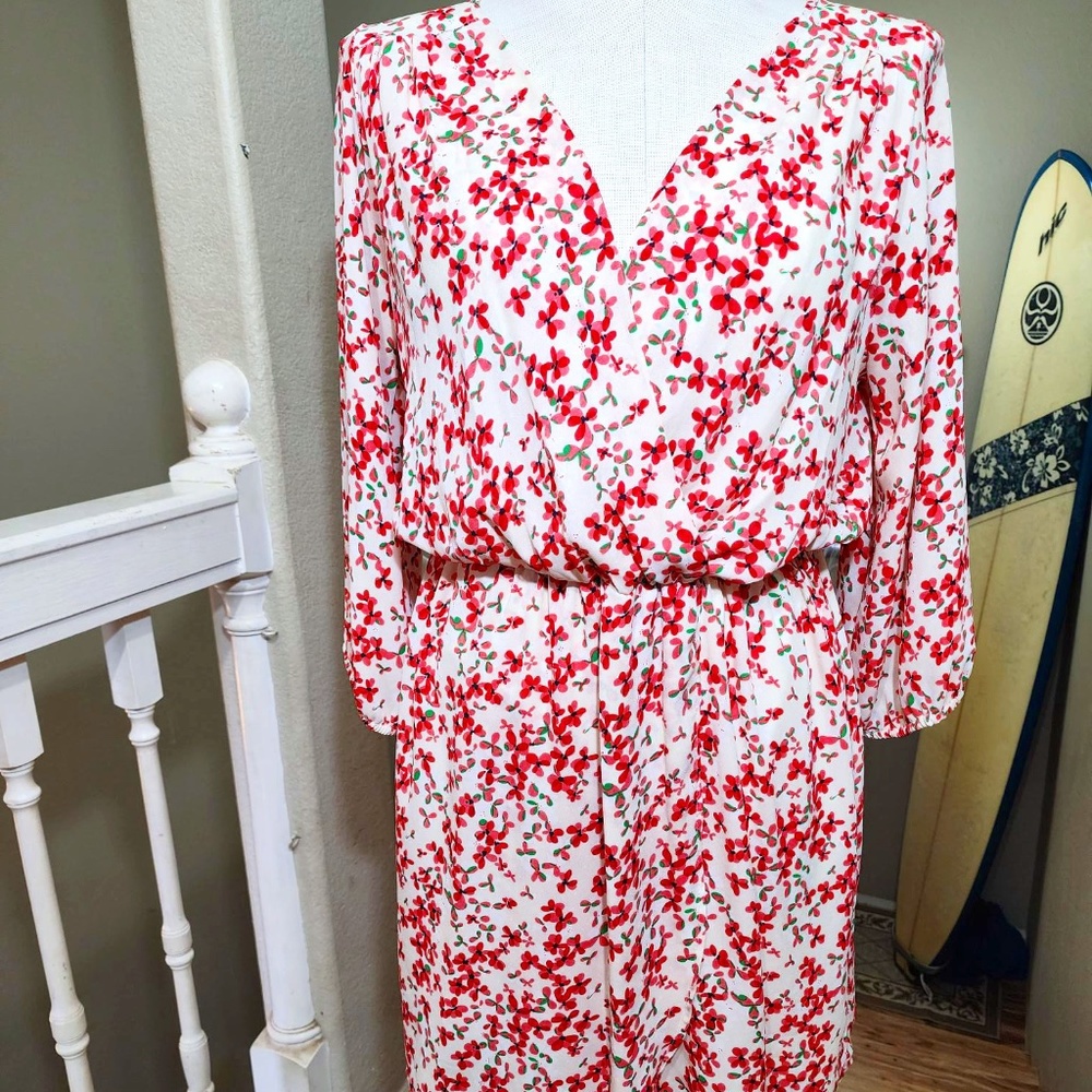 Ladies Women's Mahina Floral Red Japanese Cherry Blossom Print Dress Size Large